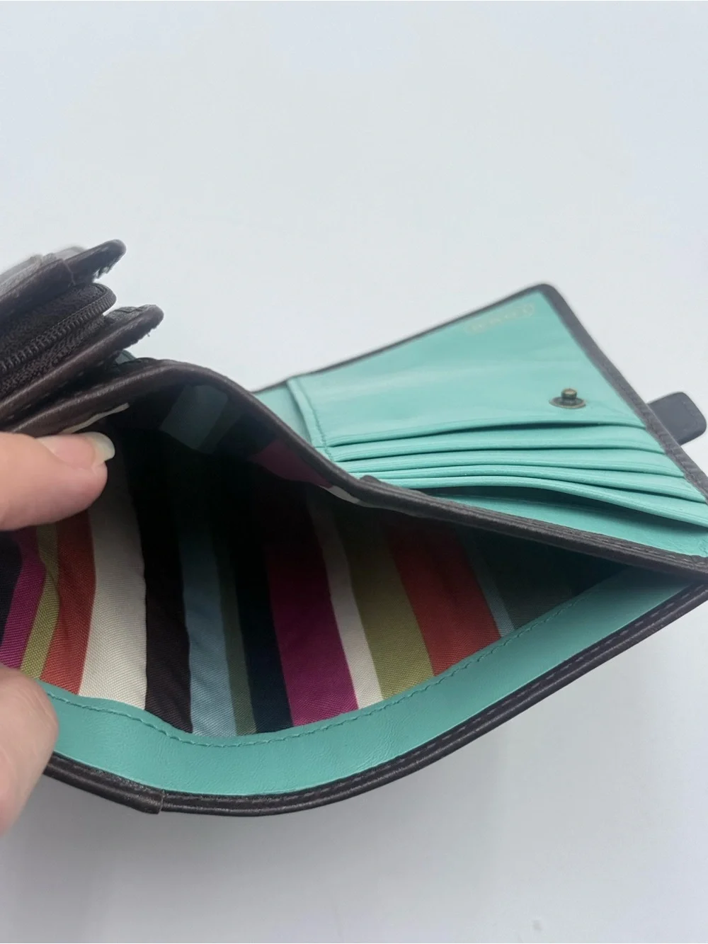 Vintage Coach Soho Buckle Trifold Leather Women’s Wallet Turquoise Interior